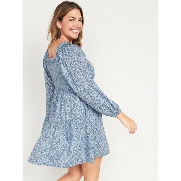 Old Navy Dress Blue Floral Print Mini Swing Long Sleeve - Picture 2 of 13
